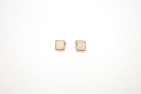 SS Created Opal White Stud Square Earrings