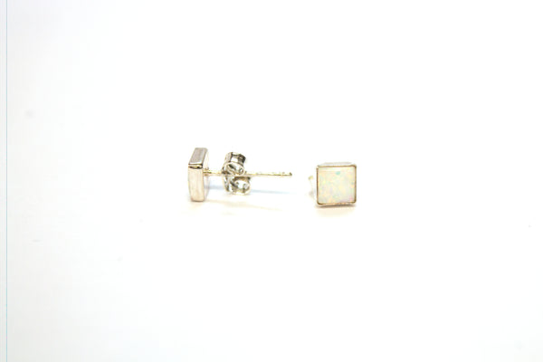 SS Created Opal White Stud Square Earrings