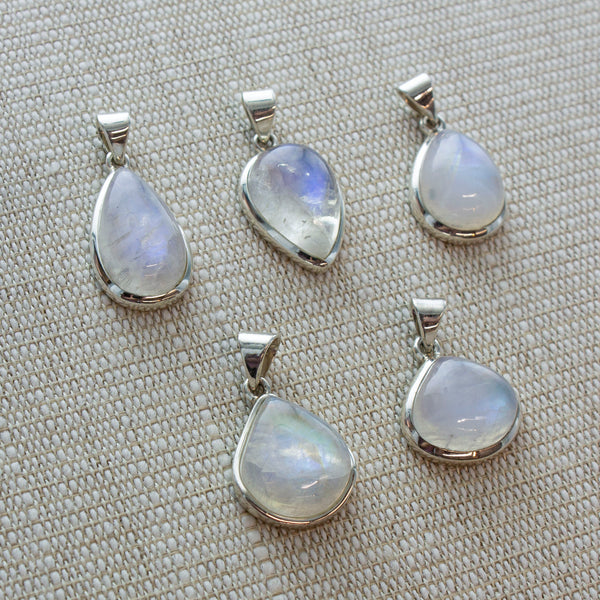 SS Small Indian Rainbow Moonstone Cabochon Pendants