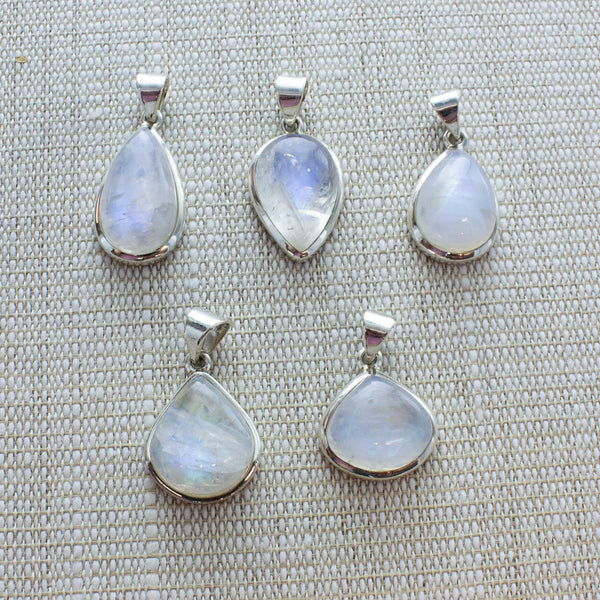 SS Small Indian Rainbow Moonstone Cabochon Pendants
