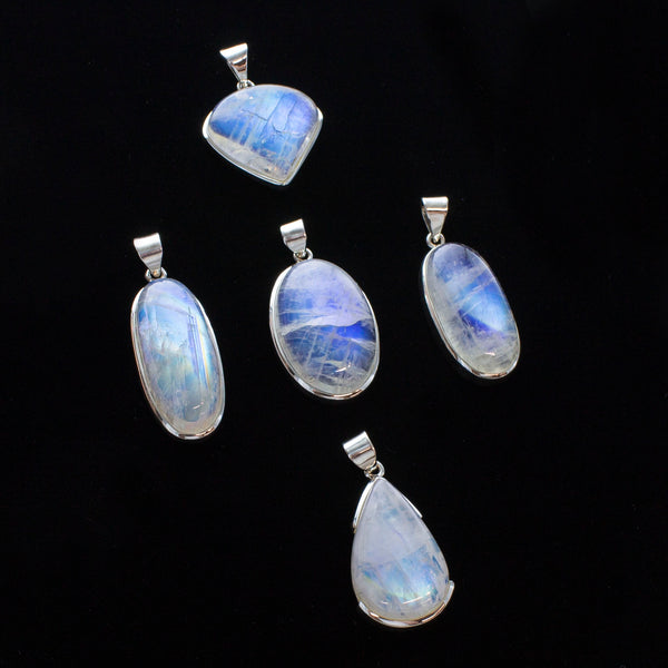 SS Medium Indian Rainbow Moonstone Cabochon Pendants