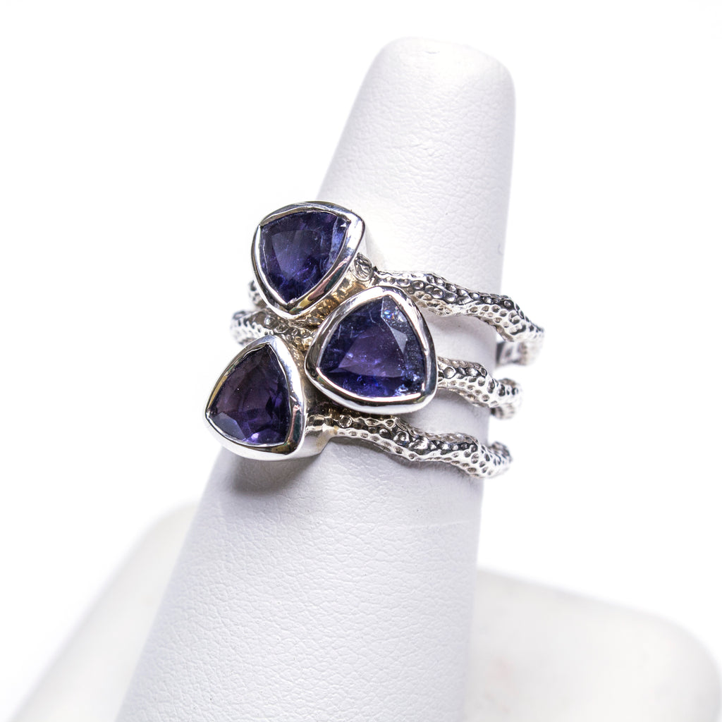 SS Textured Wavy Iolite Trillion Ring Stack (Set of 3. Size 7 3/4)
