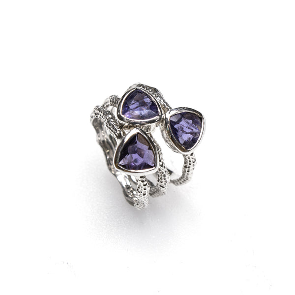 SS Textured Wavy Iolite Trillion Ring Stack (Set of 3. Size 7 3/4)