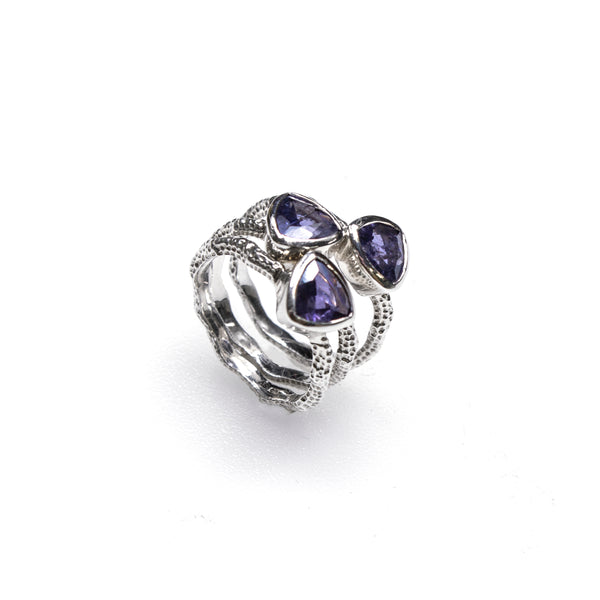 SS Textured Wavy Iolite Trillion Ring Stack (Set of 3. Size 7 3/4)