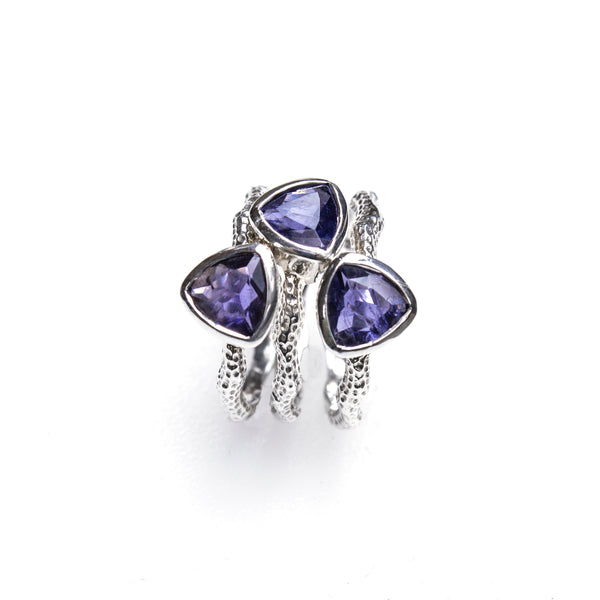 SS Textured Wavy Iolite Trillion Ring Stack (Set of 3. Size 7 3/4)