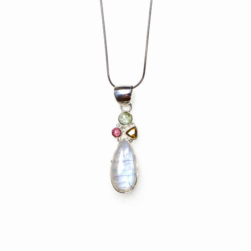 SS Rainbow Moonstone & Tourmaline Trio Pendant/Necklace