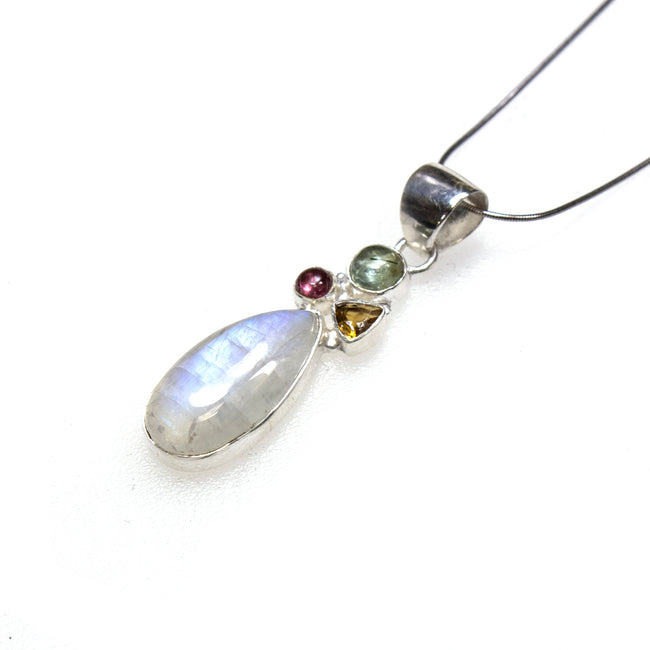 SS Rainbow Moonstone & Tourmaline Trio Pendant/Necklace