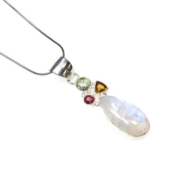 SS Rainbow Moonstone & Tourmaline Trio Pendant/Necklace