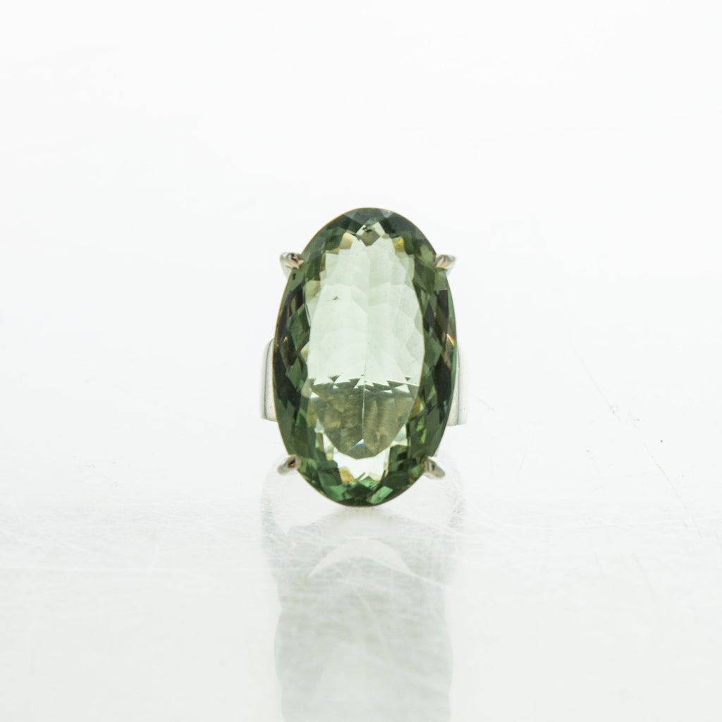 SS Large Pronged Green Amethyst Ring (Size 6.5)