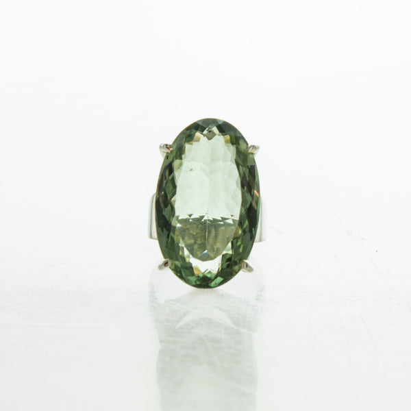 SS Large Pronged Green Amethyst Ring (Size 6.5)
