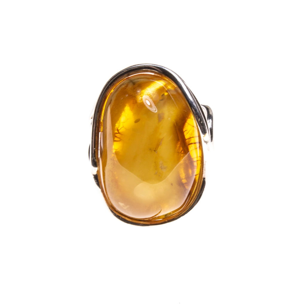 SS Round Butterscotch Amber Adjustable Ring