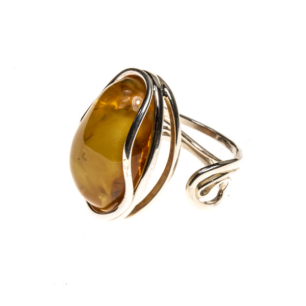 SS Round Butterscotch Amber Adjustable Ring