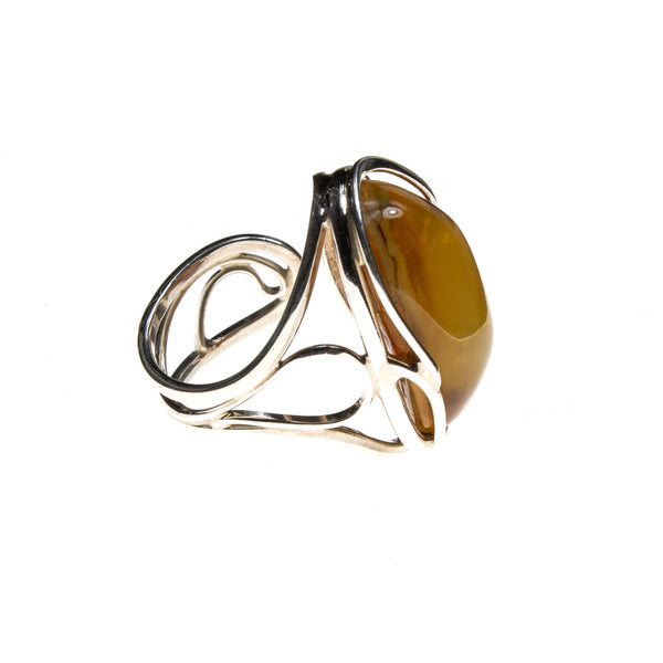 SS Round Butterscotch Amber Adjustable Ring
