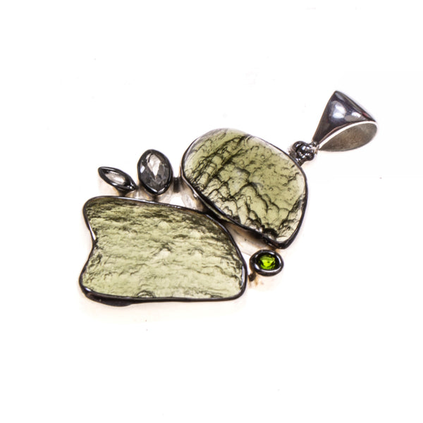 Sterling Silver Moldavite Nuggets with Topaz Crystals Pendant