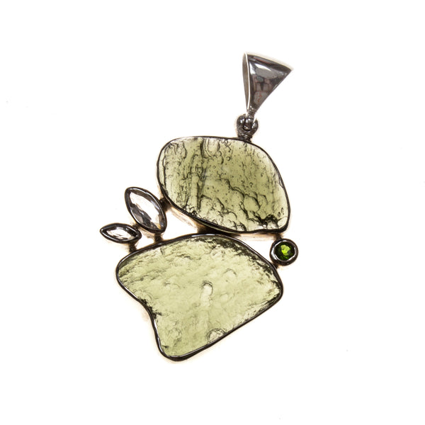 Sterling Silver Moldavite Nuggets with Topaz Crystals Pendant