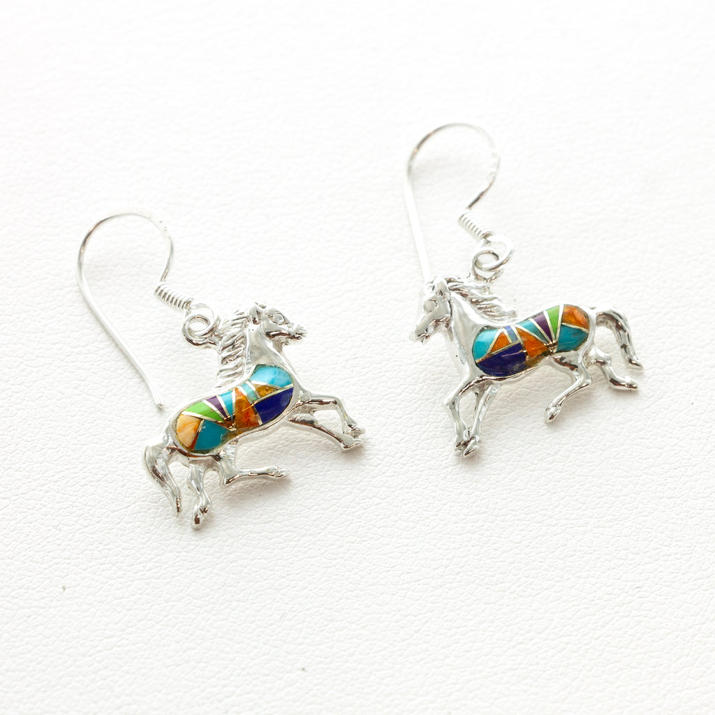 SS Multi Inlay Running Horse Earrings