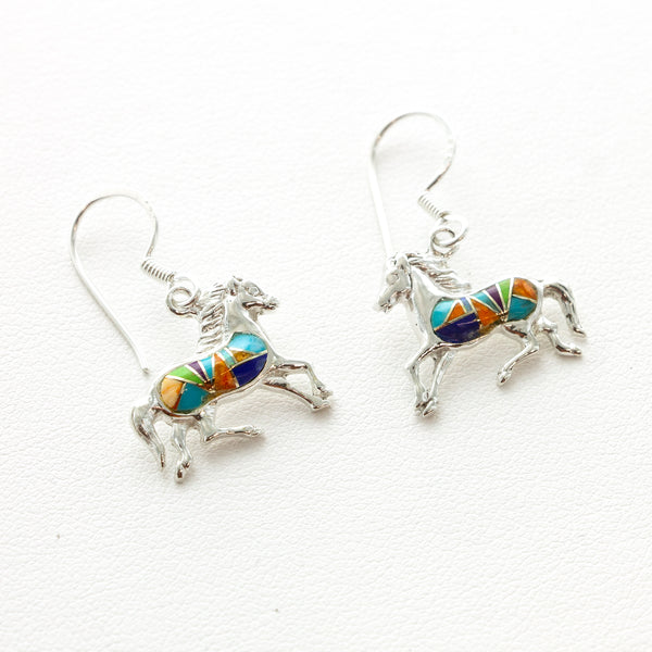 SS Multi Inlay Running Horse Earrings