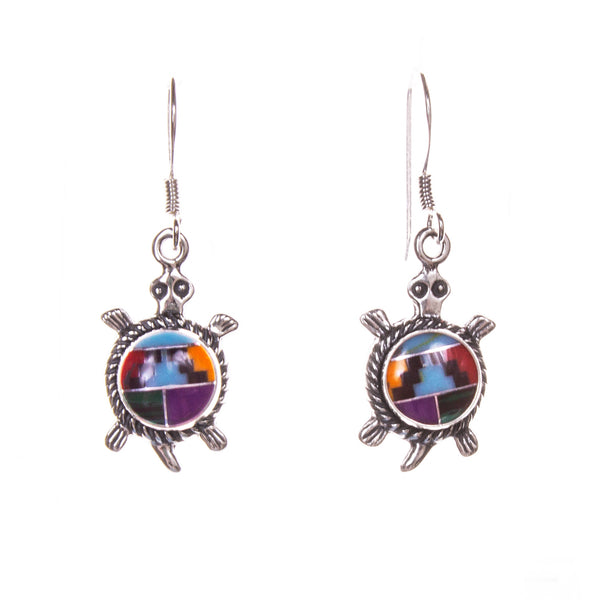 Sterling Silver Round Inlay Turtle Earrings