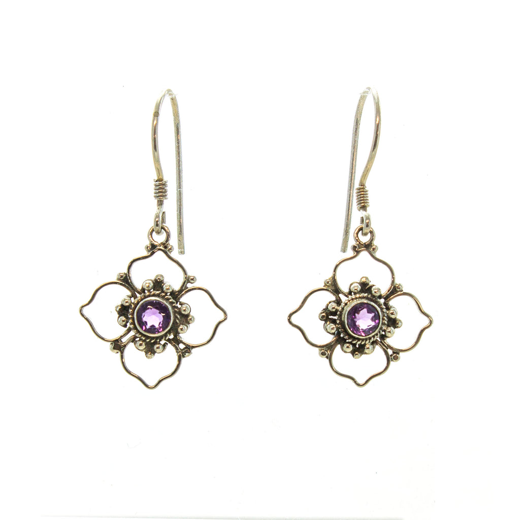 SS Round Amethyst Quatrefoil Flower Earrings