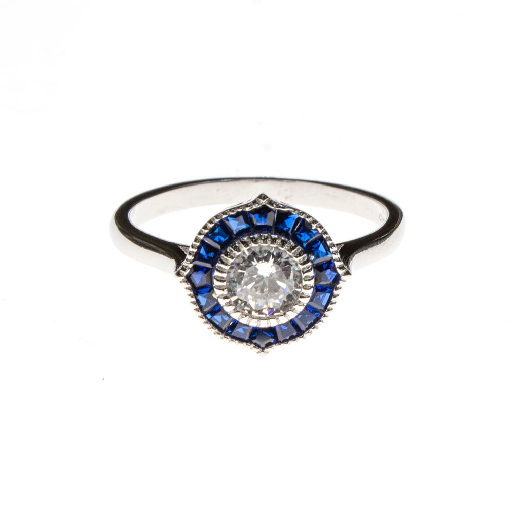 SS Created Sapphire & CZ Pointed Circle Ring