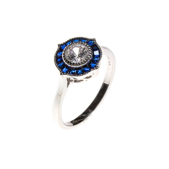 SS Created Sapphire & CZ Pointed Circle Ring