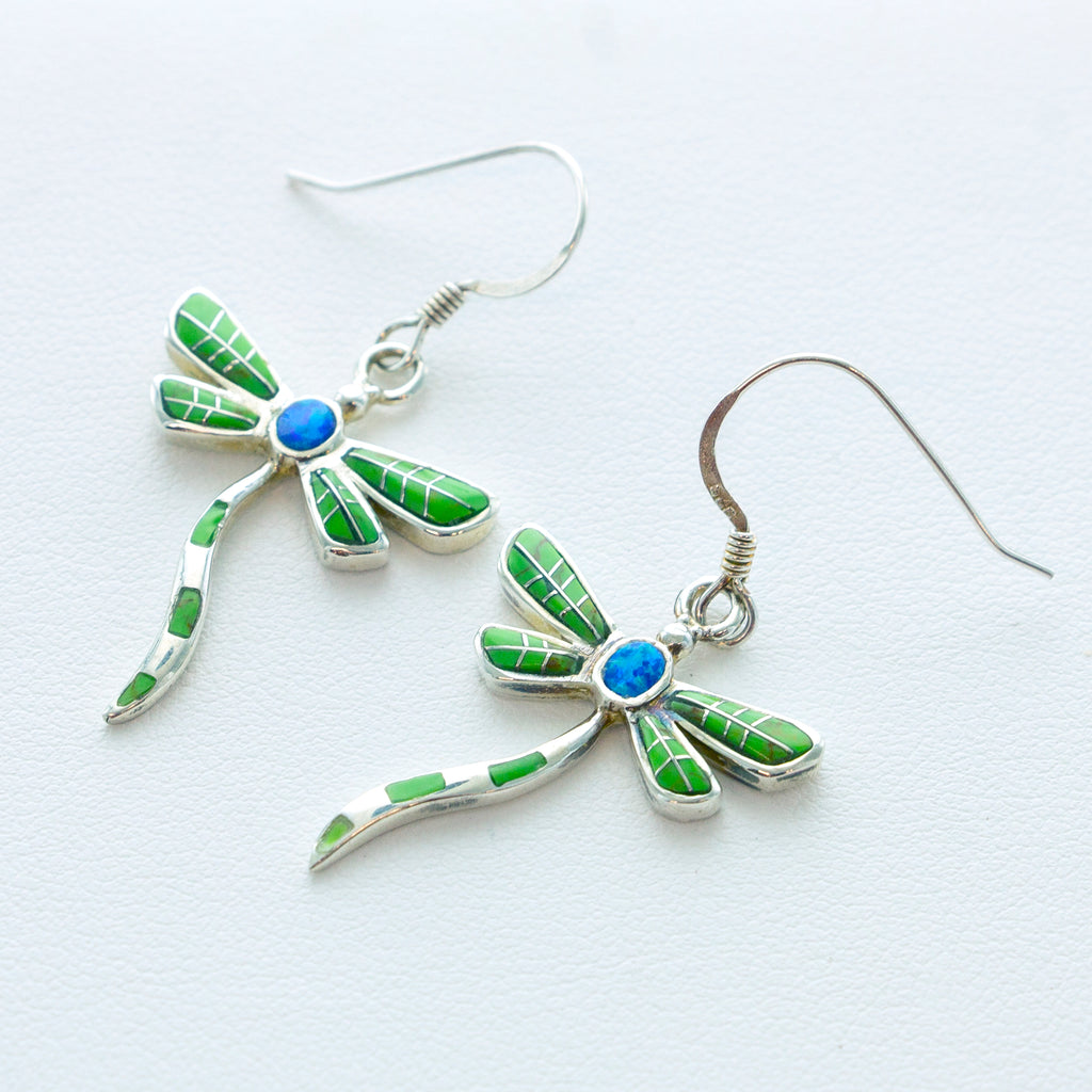 SS Green Inlay Wavy Dragonfly Earrings