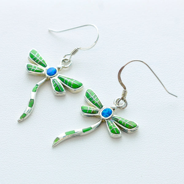 SS Green Inlay Wavy Dragonfly Earrings