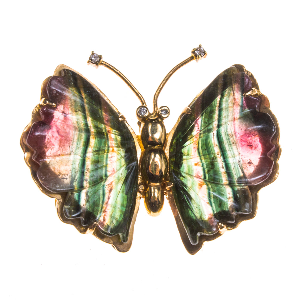 14K Watermelon Tourmaline Butterfly Pin/Pendant
