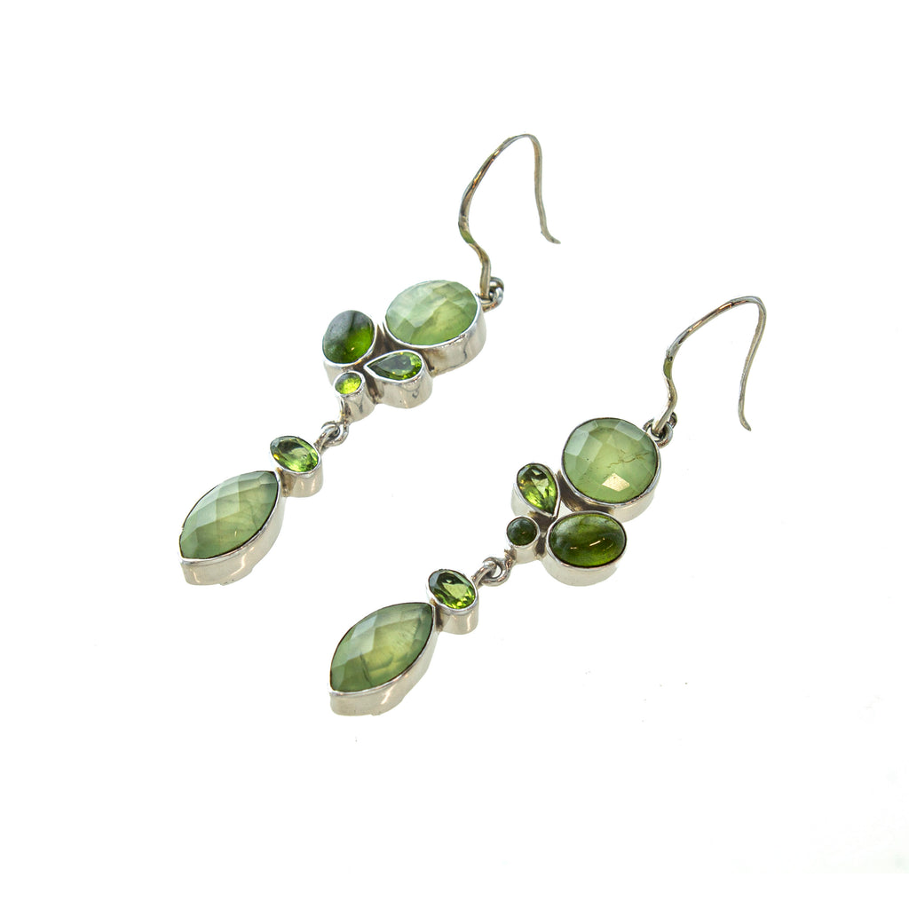 SS Elegant Prehnite, Peridot, & Vesuvianite Dangle Earrings