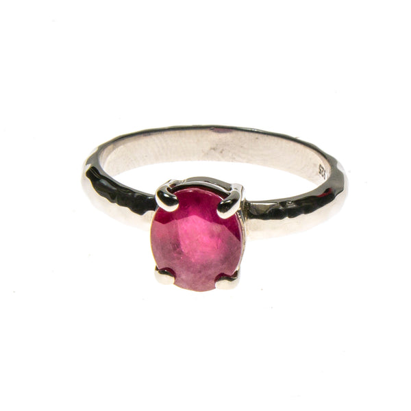 Sterling Silver Ruby Oval Hammered Prong Ring