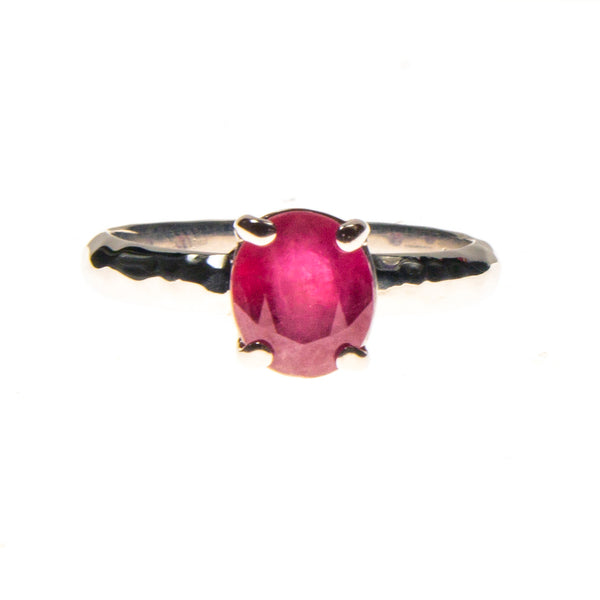 Sterling Silver Ruby Oval Hammered Prong Ring