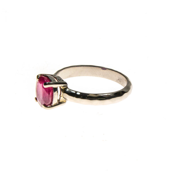 Sterling Silver Ruby Oval Hammered Prong Ring