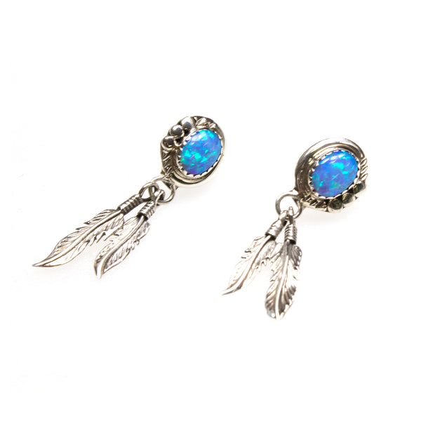 SS Created Opal 2 Feather Drop Earrings