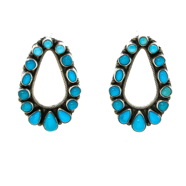 SS Oxidized Petit Point Turquoise Rope Pear Hoop Post Earrings