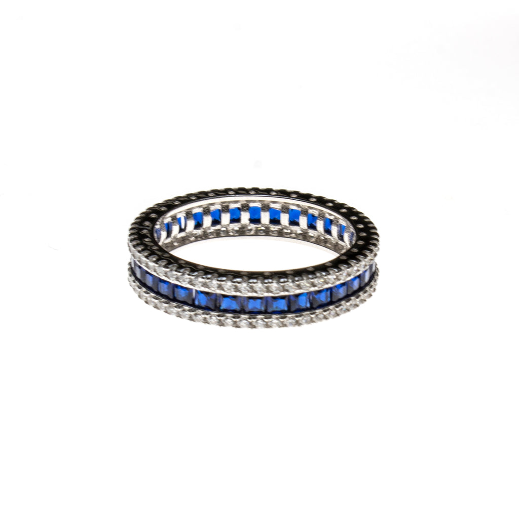 SS Created Sapphire Ring w/ CZ Border