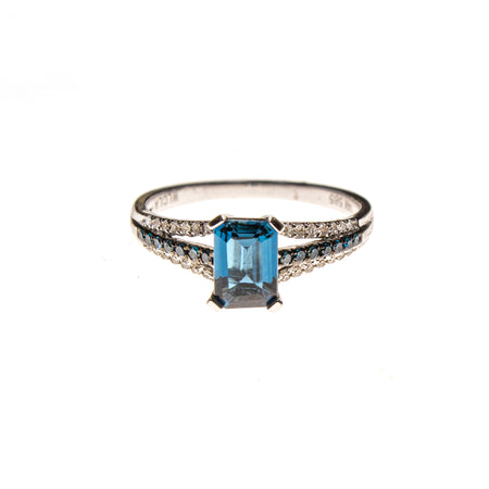 14KW Round Blue Topaz Branched Shank Ring