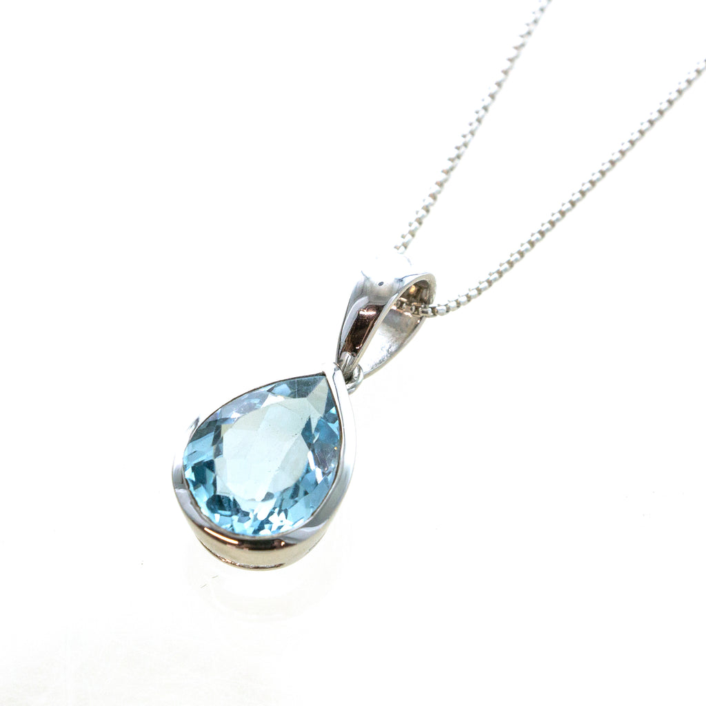 SS Blue Topaz Pear Bezel Necklace