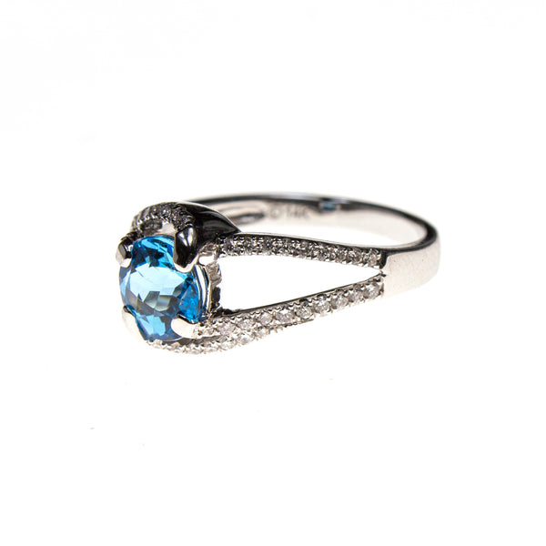 14KW Round Blue Topaz Branched Shank Ring