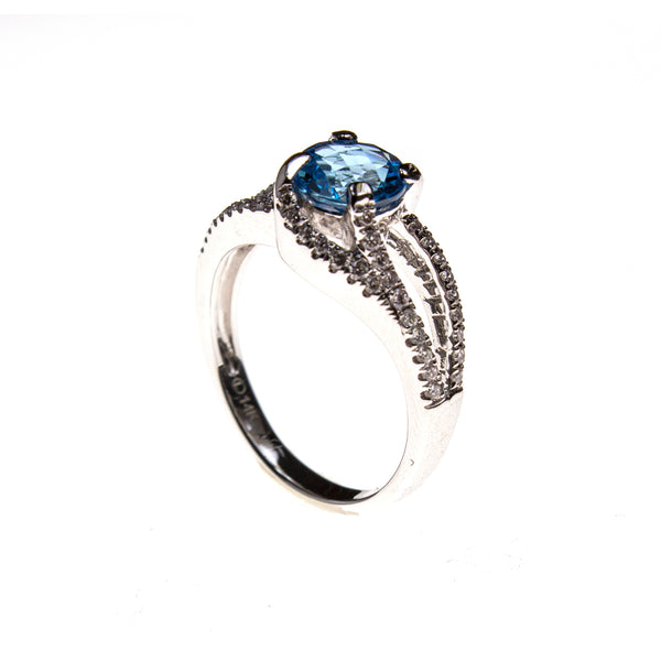 14KW Round Blue Topaz Branched Shank Ring