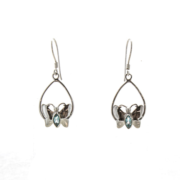 SS Pear Butterfly Earrings with Blue Topaz Marquise