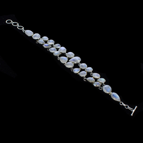 SS 2 Row Rainbow Moonstone Bezel Toggle Bracelet