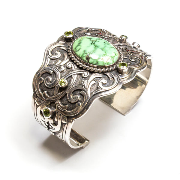 SS Scroll-work Variscite & Peridot Cuff Bracelet