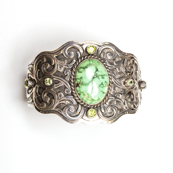 SS Scroll-work Variscite & Peridot Cuff Bracelet