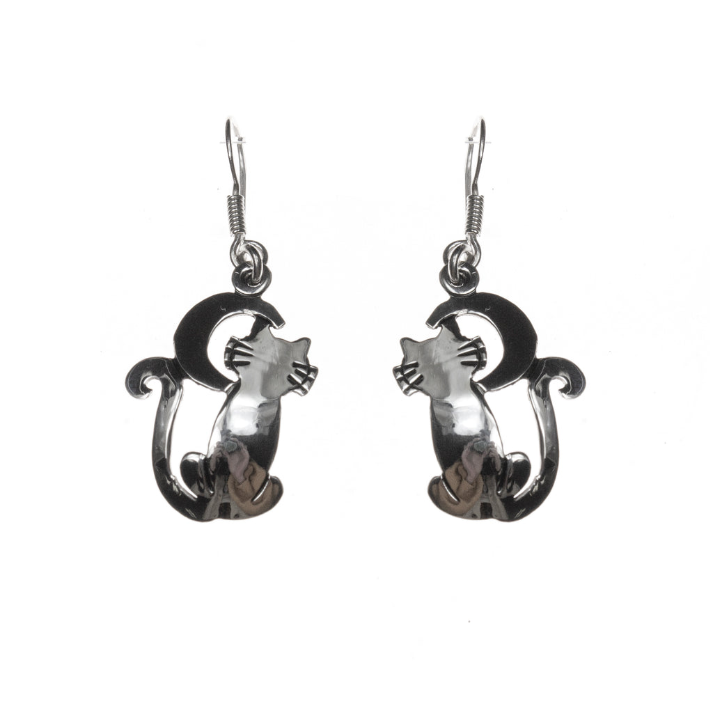 Sterling Silver Cat and the Moon Earrings