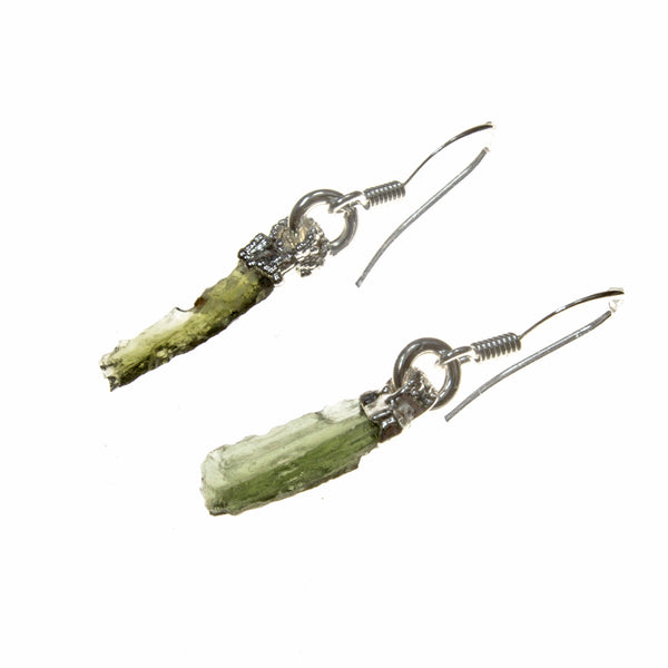 Sterling Silver Moldavite Nugget Dangle Bar Earrings