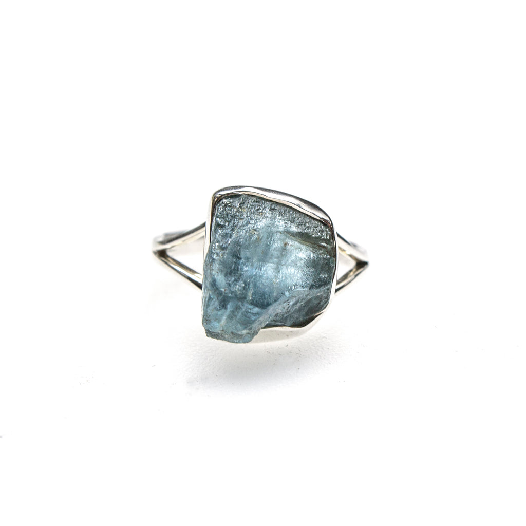 SS Rough Aquamarine Bezel Split Shank Ring (Size 10.5)