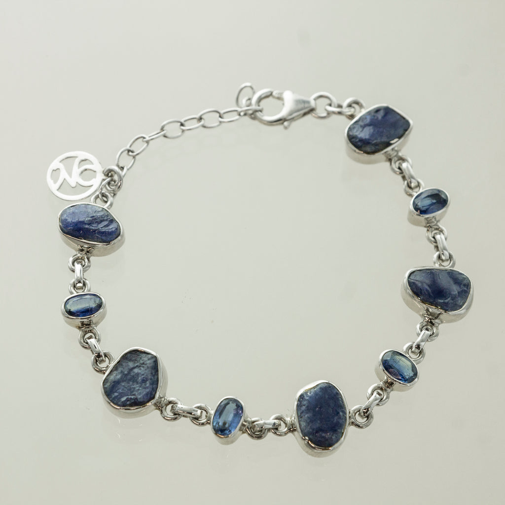 SS Rough Sapphire & Faceted Kyanite Link Bracelet