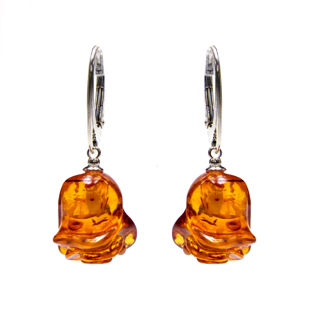 Sterling Silver Amber Carved Rose Earrings