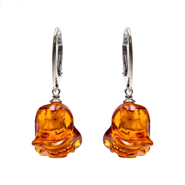 Sterling Silver Amber Carved Rose Earrings