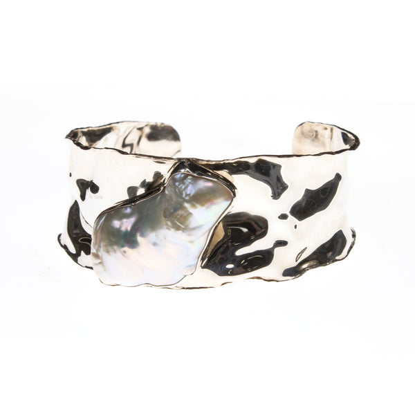 Hammered Sterling Silver Keshi Pearl Wide Cuff Bracelet